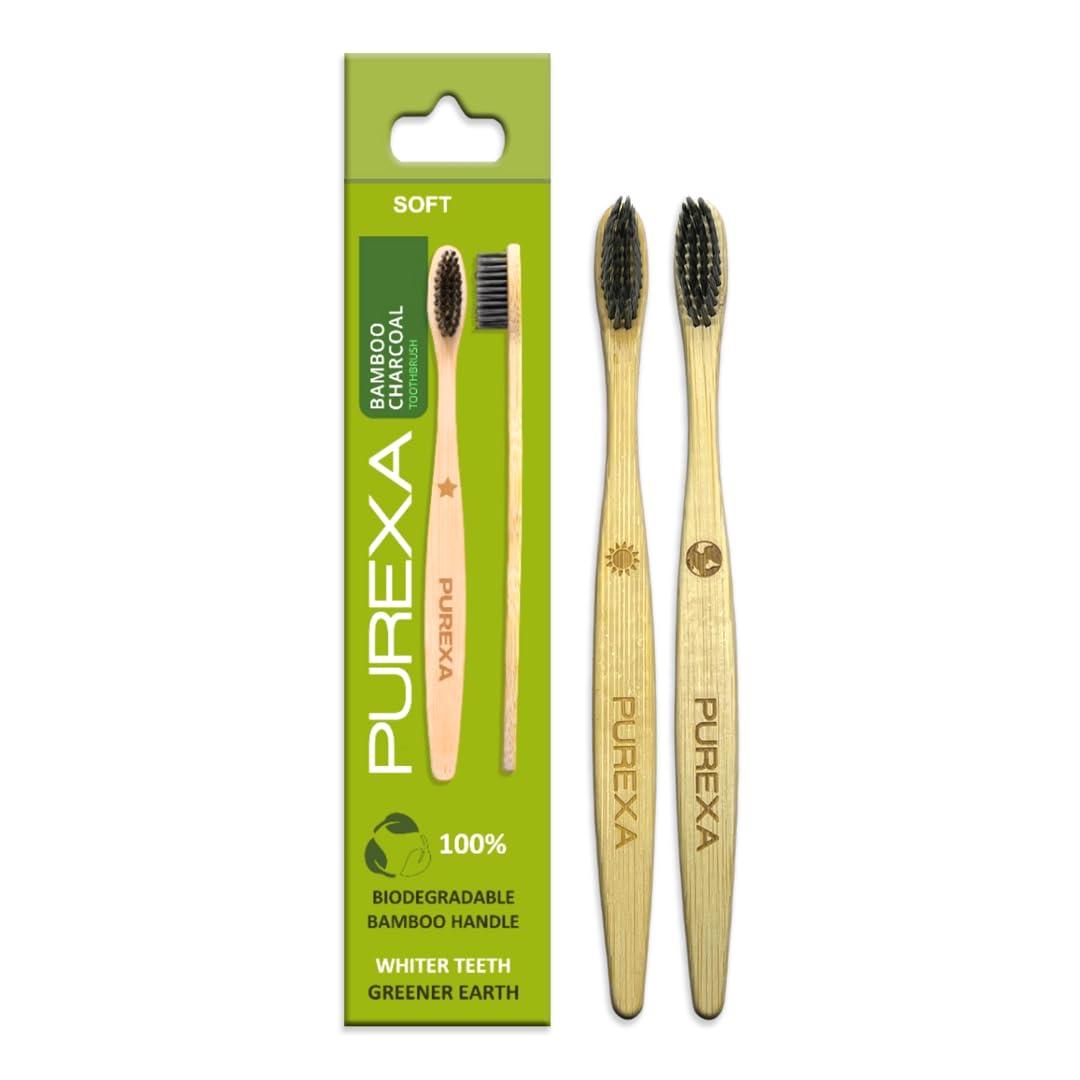 PUREXA PUREXA Bamboo Manual Toothbrush With Activated Charcoal Soft Bristles-Pack Of 2|Bpa Free, Biodegradable And Compostable Organic Bamboo Handle Tooth Brush|100% Natural Wooden Brush For Adults