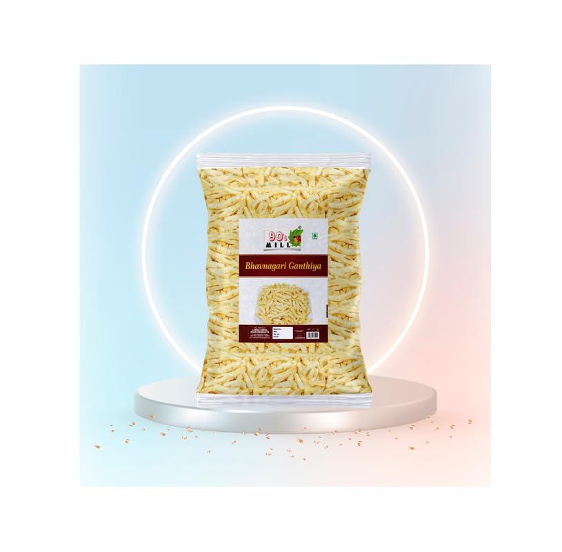 90\'s MILL 90\'s MILL Authentic Kathiawar Ganthiya Bhavnagari Gujarati Gathiya Fried in Groundnut Oil||Healthy Indian Snacks//Lite Snack For All Age Groups//Bachcho Ka Favourite Savoury Snack-1Kg*1Pack