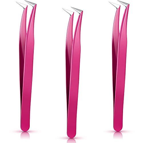 Mudder 3 Pieces Volume Tweezers Eyelash Extension Tweezers Curved Tip False Lash Tweezers Stainless Steel Precision Tweezers for Individual and 3D 6D Volume Eyelash Extension (Rose Red)