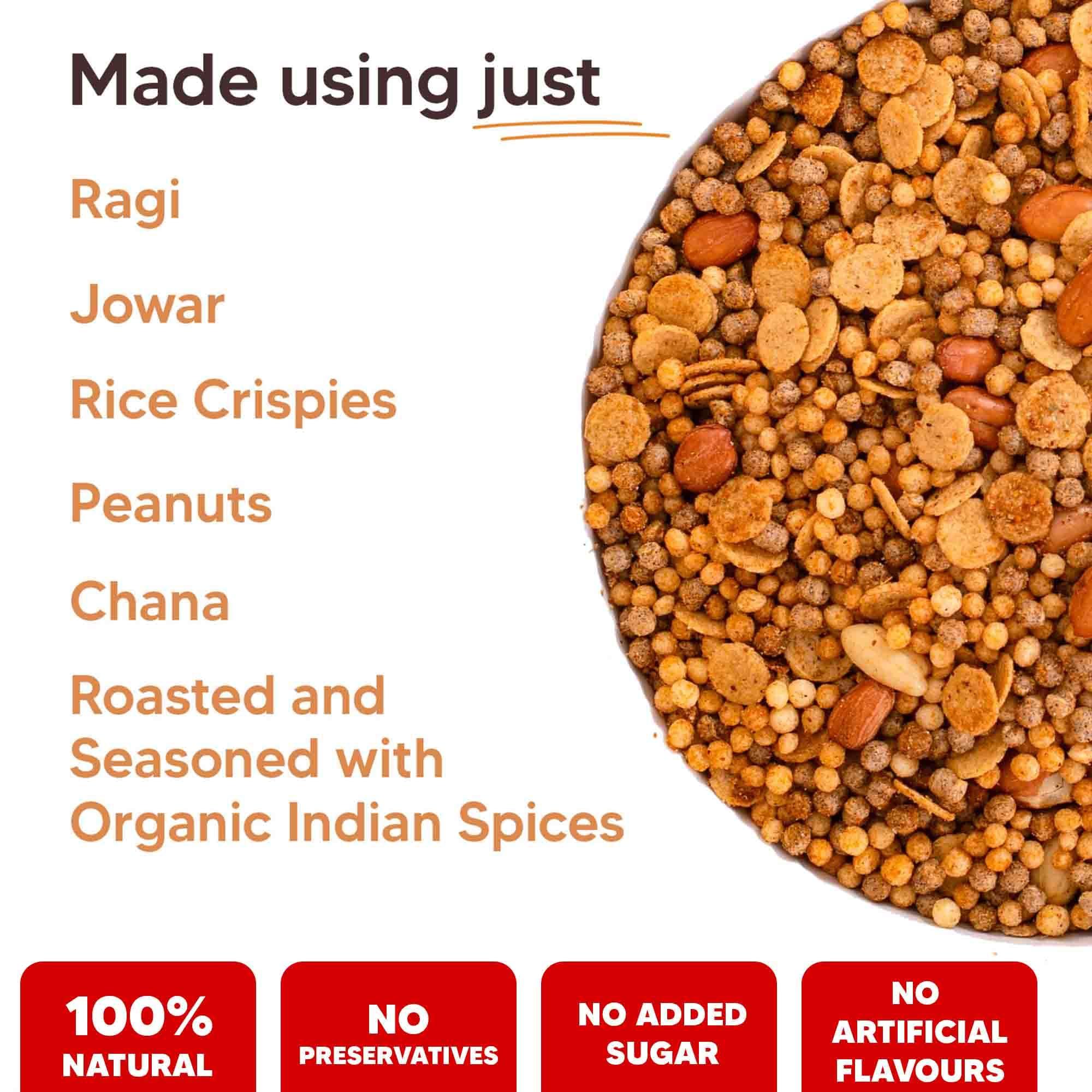 EAT BETTER CO Eat Better Co - Crispy Millet Mixture - Chatapata Healthy Namkeen - Ragi, Jowar, Rice Crispies roasted with Peanuts & Channa (Mast Masala, Super Saver Pack of Four - 400 grams)